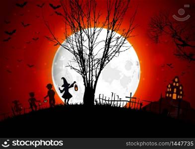 Halloween grave on full moon background with a little girls. Vector