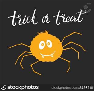 Halloween greeting card design. Cute spider cartoon hand drawn doodle, Trick or treat lettering vector illustration.. Halloween greeting card design. Cute spider cartoon hand drawn doodle, Trick or treat lettering vector illustration