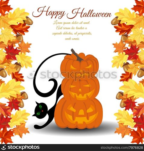 Halloween greeting (invitation) card. Elegant design from maple and oak leaves frame and pumpkin pyramid with black cat behind it over white background. Vector illustration.