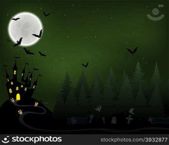 Halloween Greeting (Invitation) Card. Elegant Design With Castle in Fir Forest, Flying Bats, Moon and Cemetery With Ghosts Over Grunge Dark Green Starry Sky Background. Vector illustration.