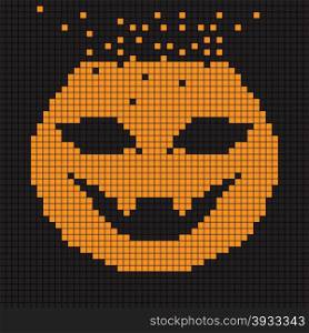 Halloween greetings card, pixel illustration of a scoreboard composition with digital drawing of a pumpkin head