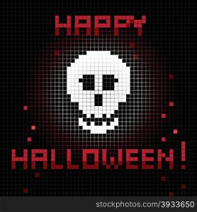 Halloween greetings card, pixel illustration of a scoreboard composition with digital drawing of a skull laughing and holiday text