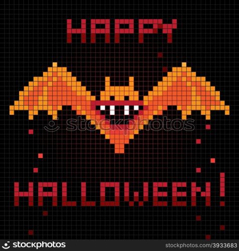 Halloween greetings card, pixel illustration of a scoreboard composition with digital drawing of a bat laughing and holiday text