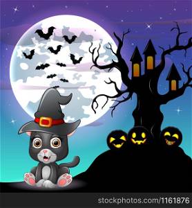 Halloween grey kitten wearing witches hat with tree house in front of full moon