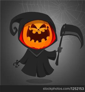 Halloween grim reaper with pumpkin head. Vector jack-o-lantern character mascot