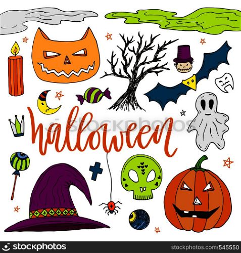 Halloween hand drawn doodle icons. Color stickers for Halloween party. Vector illustration.. Halloween hand drawn doodle icons. Color stickers for Halloween party. Vector illustration