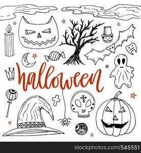 Halloween hand drawn doodle silhouette icons. Cute stickers for Halloween party. Vector illustration.. Halloween hand drawn doodle silhouette icons. Cute stickers for Halloween party. Vector illustration