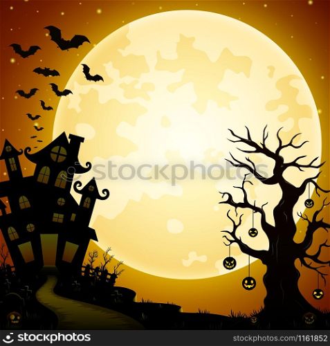 Halloween haunted castle with bats and pumpkins hanging on trees