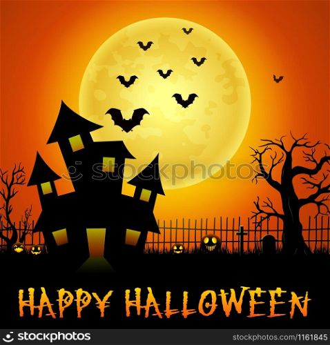 Halloween haunted castle with bats and trees