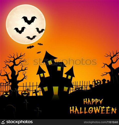 Halloween haunted castle with bats and trees in graveyard