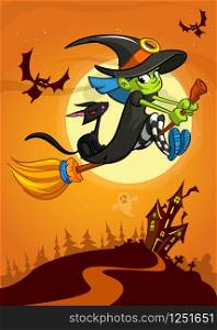 Halloween haunted house and witch on a broom. Vector Halloween background