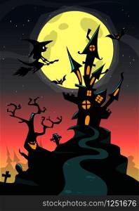 Halloween haunted house on night background with a flying witch and full moon behind. Vector poster template