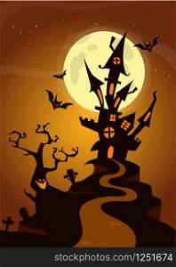 Halloween haunted house on night background with a full moon behind - Vector illustration