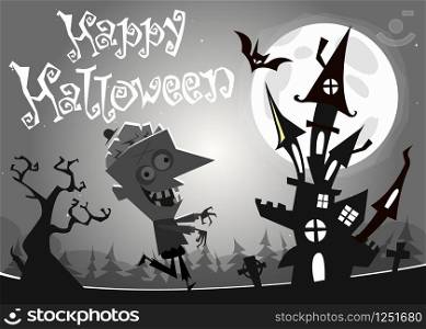 Halloween haunted house on night background with a walking dead zombie. Vector illustration. Black and white