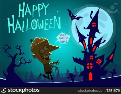Halloween haunted house on night background with a walking zombie. Vector illustration