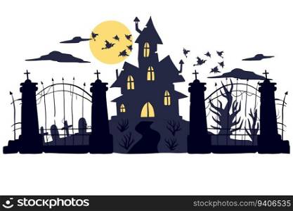Halloween haunted house. Scary dark silhouette of home or mansion. Cartoon Vector spooky Illustration. Gothic cute town. Old fence of cemetery.. Halloween haunted house.