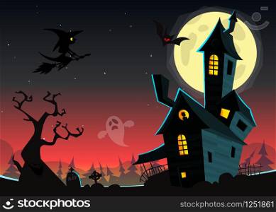 Halloween haunted moonlight night background with spooky house and cemetery, can be use as flyer, banner or poster for night parties