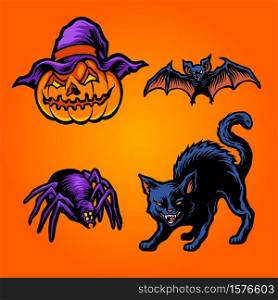 Halloween Head pumpkins Set Element Cat, Bat Illustrations for poster, card and publications merchandise
