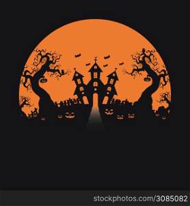 Halloween holiday background. Pumpkin in a graveyard in the spooky night. Vector silhouette. Concept of illustration. Halloween pumpkins, a house with an orange background