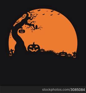 Halloween holiday background. Pumpkin in a graveyard in the spooky night. Vector silhouette. Concept illustration