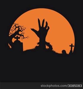 Halloween holiday background. Zombie hand rising out of a graveyard in the spooky night. Vector silhouette. Concept illustration