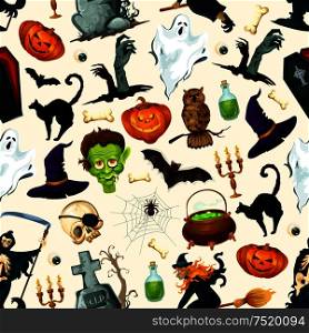Halloween holiday cartoon horror seamless pattern. Vector design of scary halloween ghost, reaper, witch, pumpkin, spooky zombie. Decoration background for halloween celebration. Halloween holiday cartoon horror seamless pattern