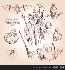 Halloween holiday celebration sketch decorative elements set isolated vector illustration