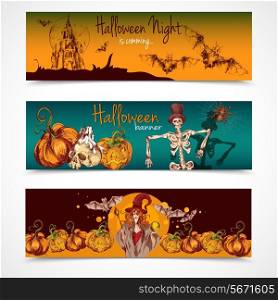 Halloween holiday celebration traditional colored spooky sketch banners horizontal set isolated vector illustration
