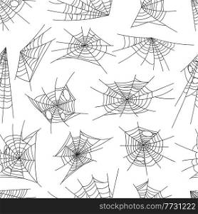 Halloween holiday cobweb and spiderweb net seamless pattern. Vector black spider webs on white background. Spooky design for wallpaper, textile or greeting cards. Decorative ornament with insect traps. Halloween holiday cobweb and spiderweb net pattern