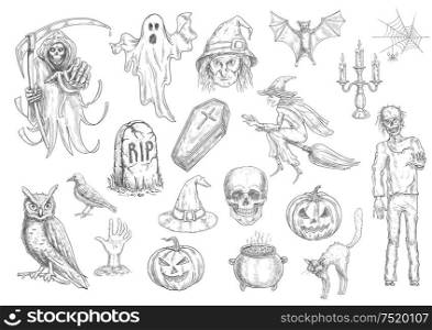 Halloween holiday creepy and horror sketch symbols of pumpkin lantern, skull, coffin, witch on broom, cauldron, cat, owl, bat, tomb, ghost. Vector retro elements for greeting cards, decoration design. Halloween holiday creepy and horror sketch symbols