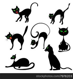 Halloween Holiday Elements Set. Collection With Black Cats in Different Poses Over White Background for Creating Halloween Designs. Vector illustration.