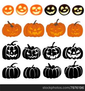 Halloween Holiday Elements Set. Collection With Different Pumpkins Over White Background for Creating Halloween Designs. Vector illustration.