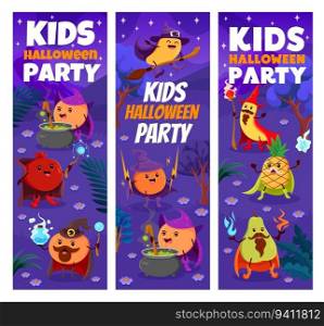 Halloween holiday kids party. Cartoon fruit wizards and mages at night forest. Vector vertical banners with peach, garnet, orange and mango. Banana, pineapple and pear warlocks wearing wiz attire. Halloween holiday kids party cartoon fruit wizards