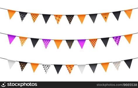Halloween holiday long garland pennants with festive ornaments. Isolated vector black, purple, orange and white triangular flags with skulls and spiders, pumpkins and witch hats, dots and stripes. Halloween holiday long garland pennants, decor