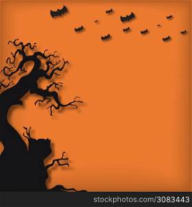 Halloween holiday of background. Halloween orange background with many flying bats. tree. Vector illustration flat design