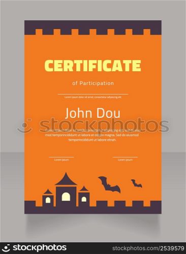 Halloween holiday party participation certificate design template. Vector diploma with customized copyspace and borders. Printable document for awards and recognition. Cairo font used. Halloween holiday party participation certificate design template