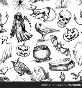 Halloween holiday pattern. Vector seamless pattern of halloween death reaper, spooky ghost, black cat, bat, skeleton skull, witch cauldron, coffin, tomb. Decoration background for halloween decoration design. Halloween sketch seamless pattern