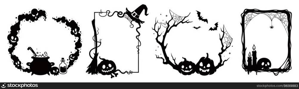 Halloween holiday scary black frames. Isolated vector borders with creepy pumpkin faces grimace, burning candles, skull, spiderweb and witch hat, broom and cauldron, tree branches, bats silhouettes. Halloween holiday scary black frames, borders