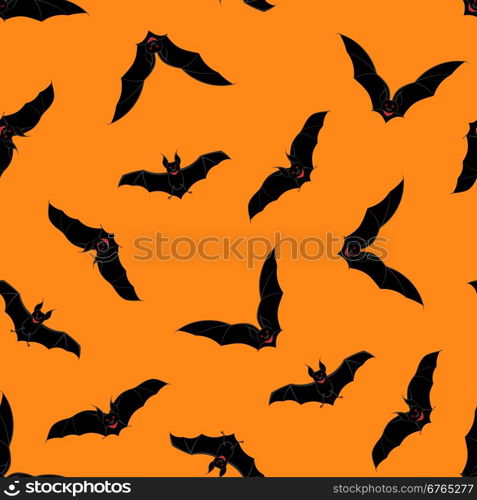 Halloween Holiday Seamless Pattern With Bats Over Orange Background for Creating Halloween Designs. Vector illustration.