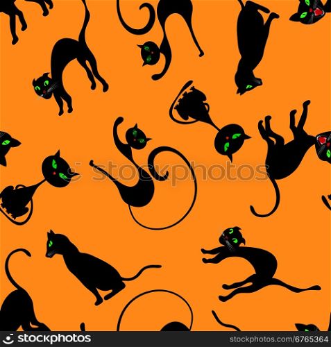 Halloween holiday seamless pattern with cats over orange background for creating Halloween designs. Vector illustration.