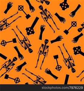 Halloween Holiday Seamless Pattern With Skeleton, Zombie Hand And Grave Stones Over Orange Background for Creating Halloween Designs. Vector illustration.