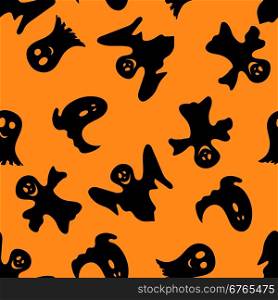 Halloween holiday seamless pattern with smiling ghosts over orange background for creating Halloween designs. Vector illustration.