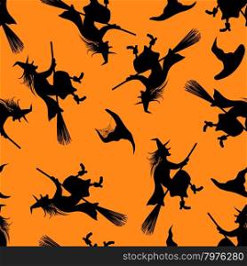 Halloween Holiday Seamless Pattern With Witch And Hats Over Orange Background for Creating Halloween Designs. Vector illustration.