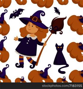 Halloween holiday symbols of autumn event seamless pattern vector. Kitty and flying bat, mysterious cat and hat with broom, part of which carnival costume. Animals and pumpkins, traditional elements. Halloween holiday symbols of autumn event seamless pattern vector.