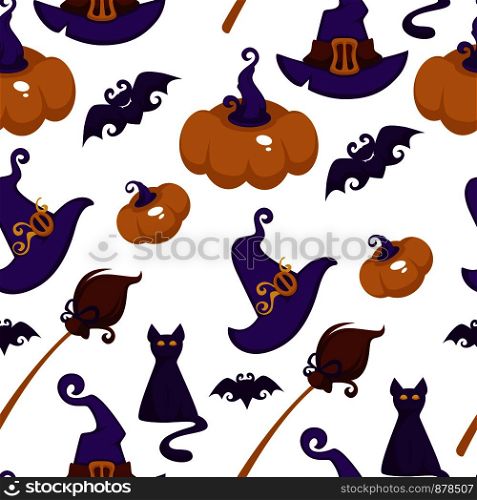 Halloween holiday symbols of autumn event seamless pattern vector. Kitty and flying bat, mysterious cat and hat with broom, part of which carnival costume. Animals and pumpkins, traditional elements. Halloween holiday symbols of autumn event seamless pattern