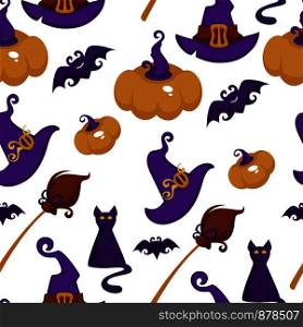 Halloween holiday symbols of autumn event seamless pattern vector. Kitty and flying bat, mysterious cat and hat with broom, part of which carnival costume. Animals and pumpkins, traditional elements. Halloween holiday symbols of autumn event seamless pattern
