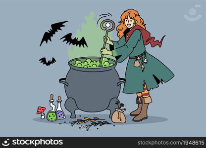 Halloween holiday tradition celebrating concept. Young woman witch in costume standing and brewing potion with bats flying around vector illustration. Halloween holiday tradition celebrating concept.