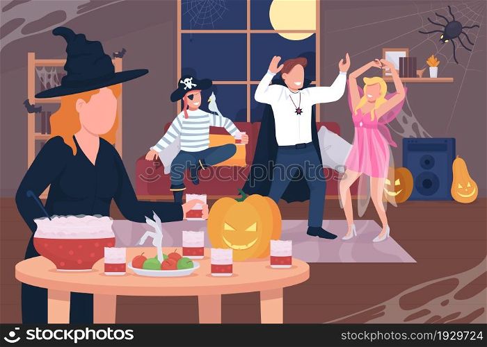 Halloween home party flat color vector illustration. People in costumes having fun at celebration. Holiday event. Dancing 2D cartoon characters with decorated house interior on background. Halloween home party flat color vector illustration