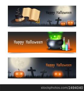 Halloween horizontal banner set with holiday elements isolated vector illustration. Halloween Banner Set