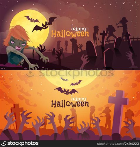 Halloween horizontal cartoon banners set with zombie isolated vector illustration . Halloween Banners Set